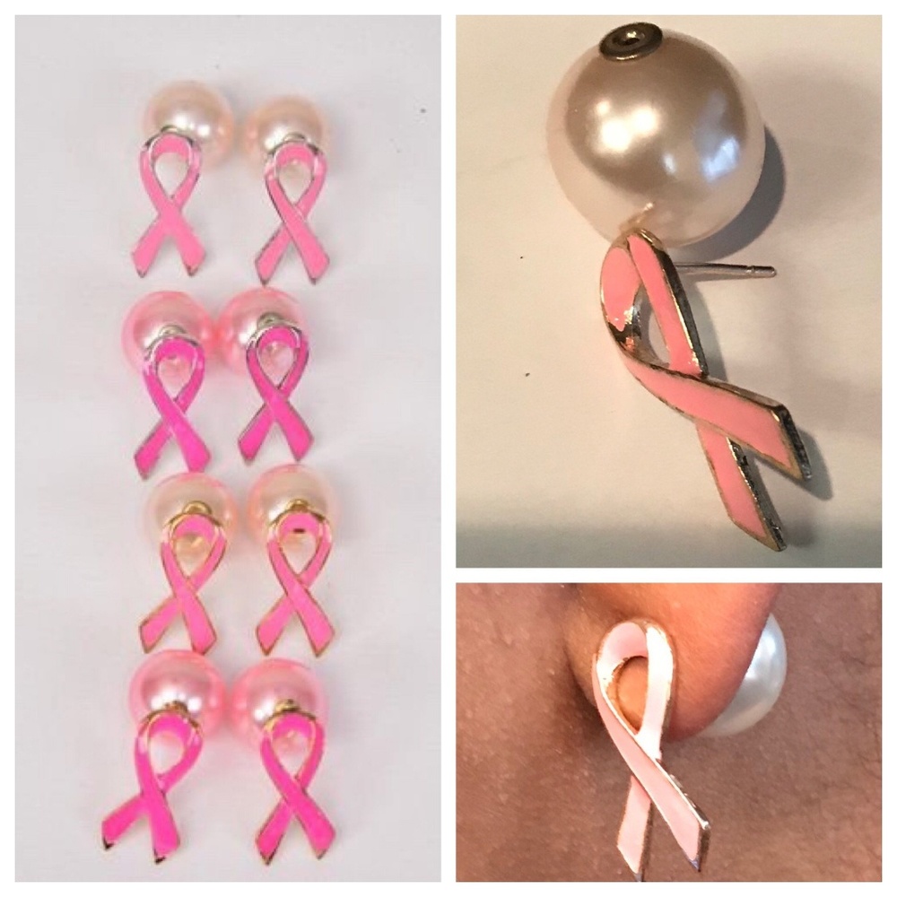 Pink Ribbon with Pearl post - Picture 2 of 2